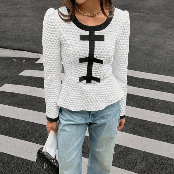 Textured Fabric Round Neck Long Sleeve Contrast Color Shirt - Picture 1 of 5
